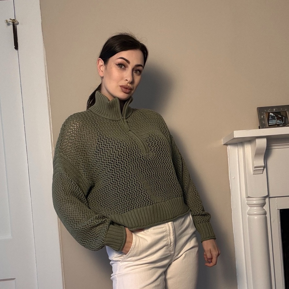 Aerie Olive Green Cropped Knit Sweater Quarter Zip Chunky Cotton Size S/P - Picture 2 of 9